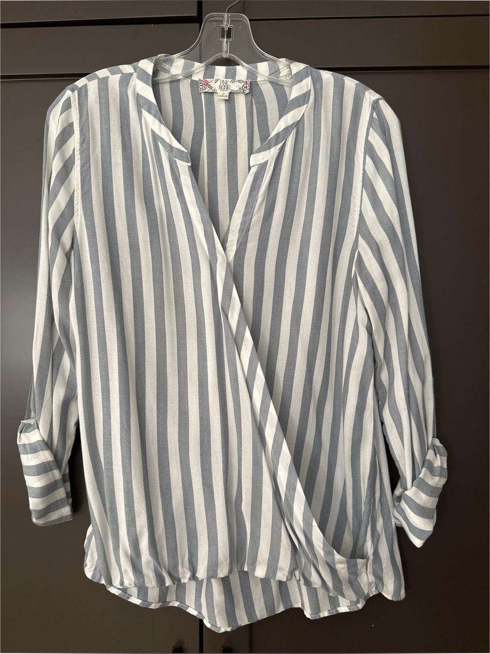 Pink Rose Striped Wrap-Front Blouse in Blue and White
